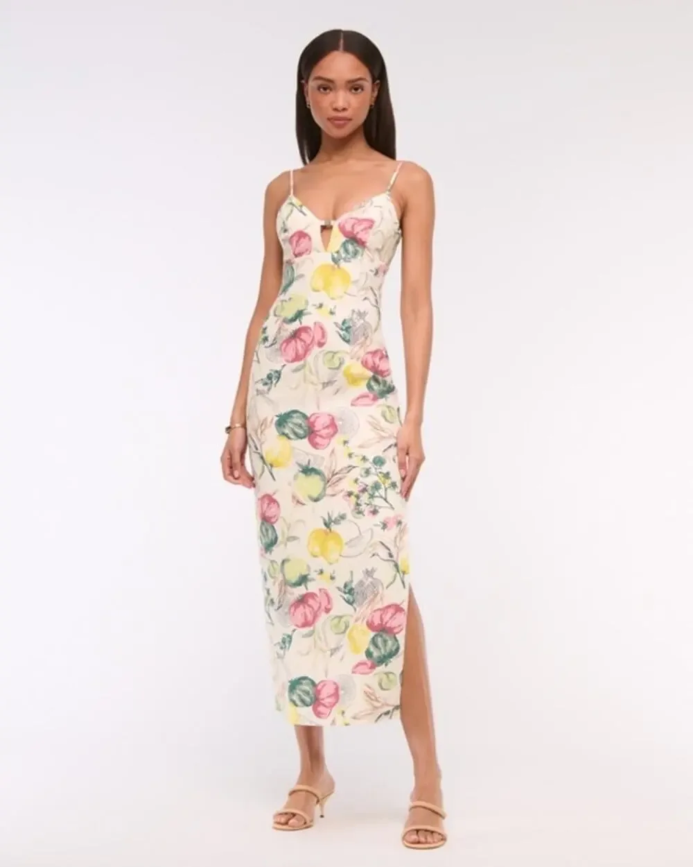 NWT Abercrombie & Fitch Premium Linen Cutout Midi Dress Vegetable Print Medium